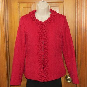 Chico's Red Crinkle Ruffled Berry Trim Blazer Jacket Holiday Lined Size 00